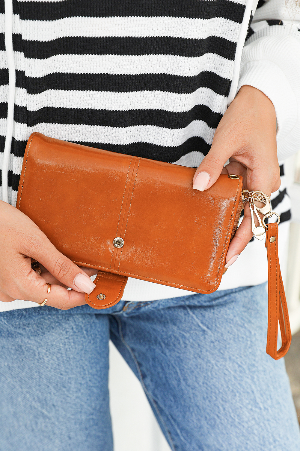 Cinnamon Faux Leather Zip Around Wrist Strap Long Wallet