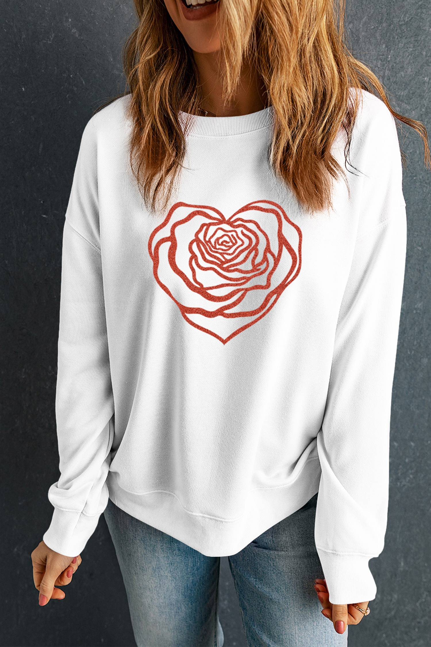 White Love Rose Shimmer Foil Printed Drop Shoulder Sweatshirt