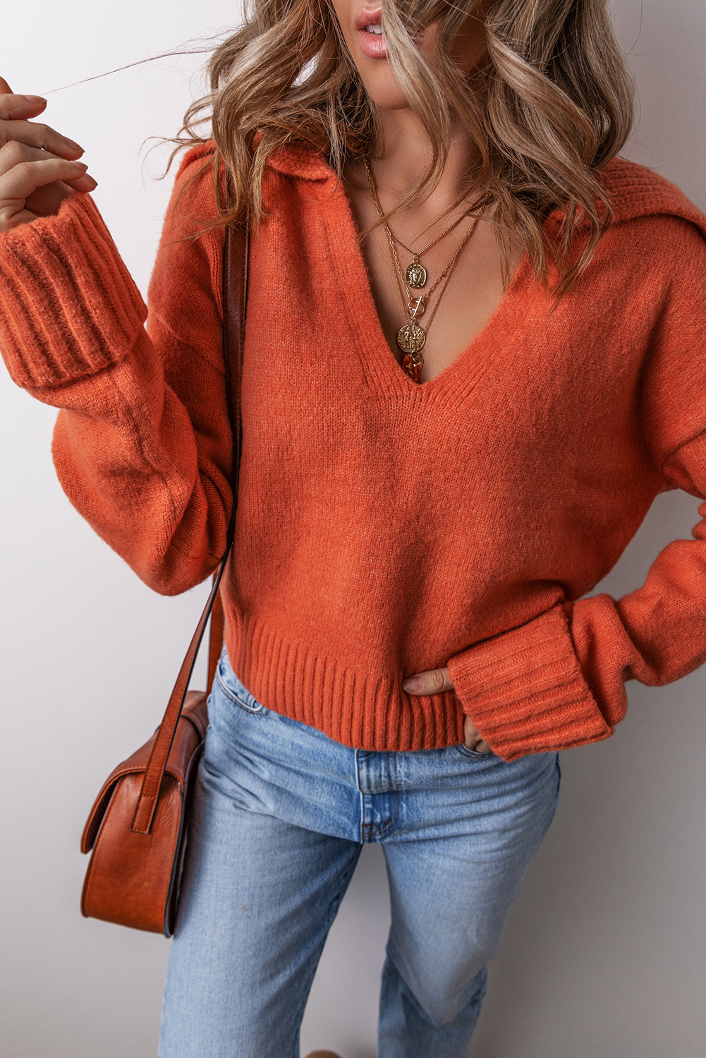 Racing Red Collared V Neck Ribbed Edge Sexy Elegant Sweater