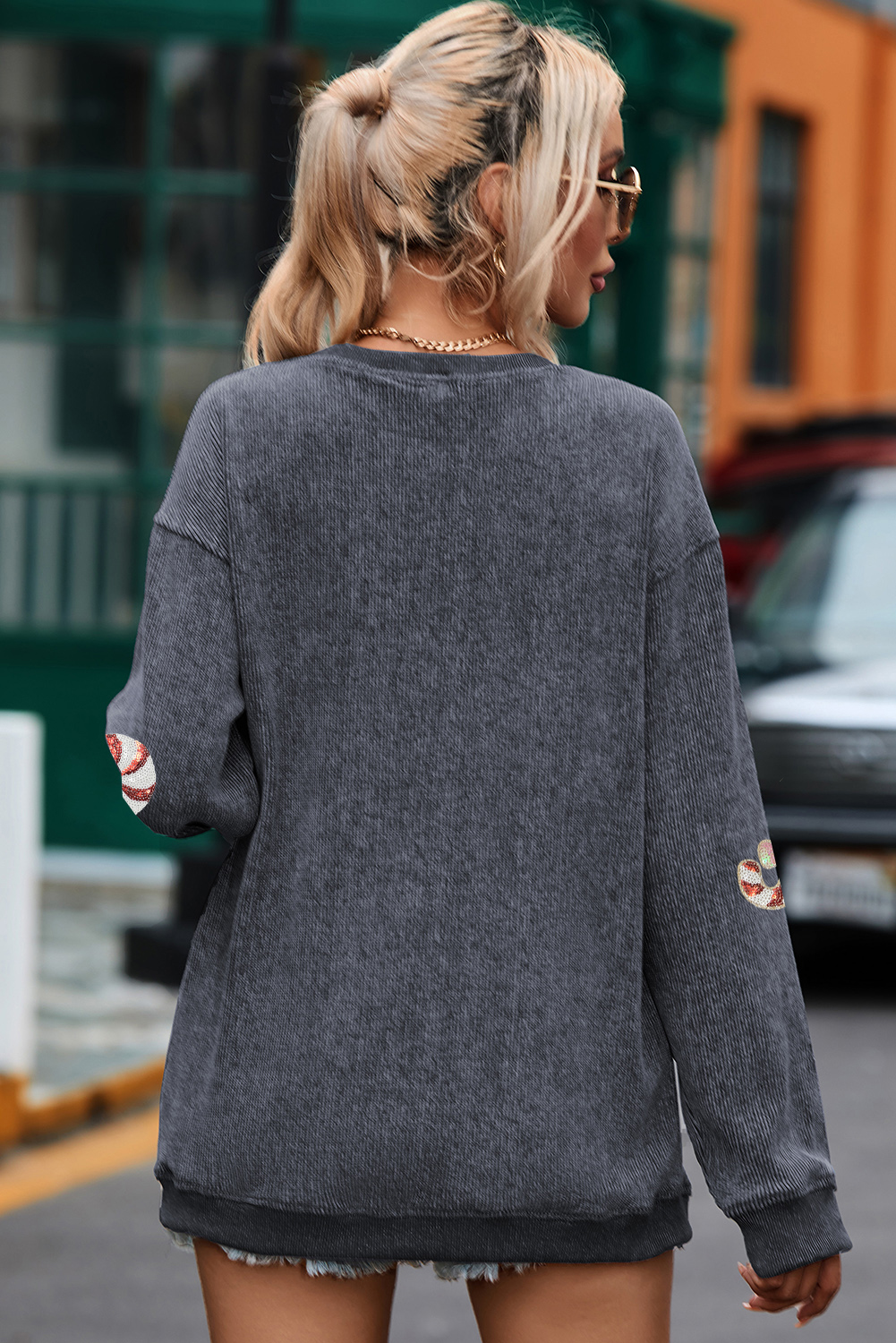 Gray Twisted Rib Christmas Santa Sequin Graphic Drop Shoulder Sweatshirt