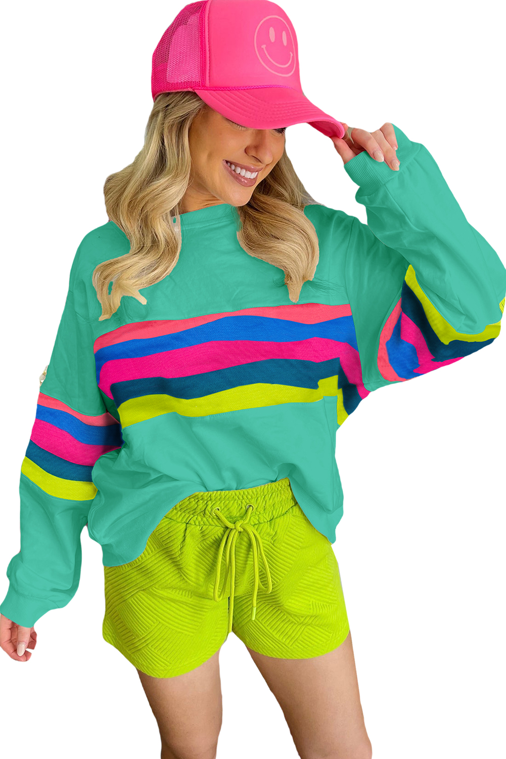White Plus Size Colorful Striped Drop Shoulder Loose Sweatshirt
