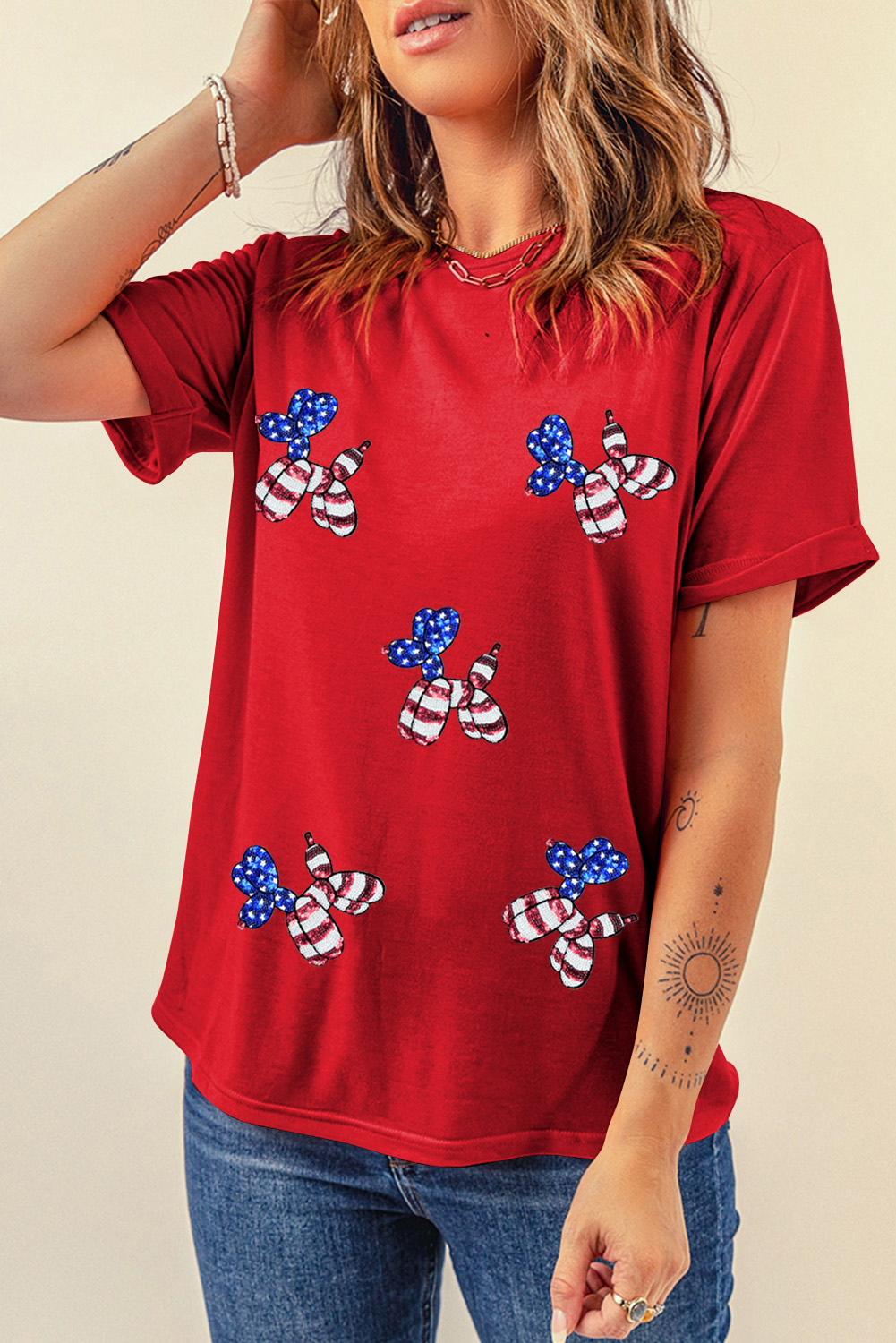 White Sequin Stars and Stripes Balloon Puppy Graphic Crewneck Tee