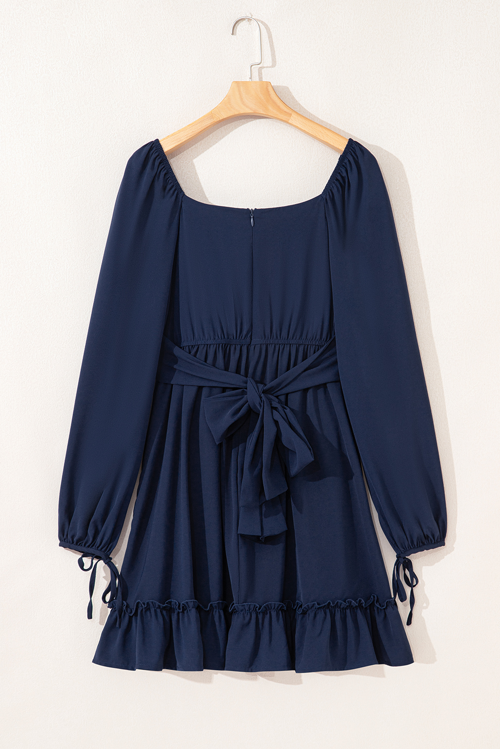 Blue White Plain Ruffled High Waist Square Neck Mini Dress