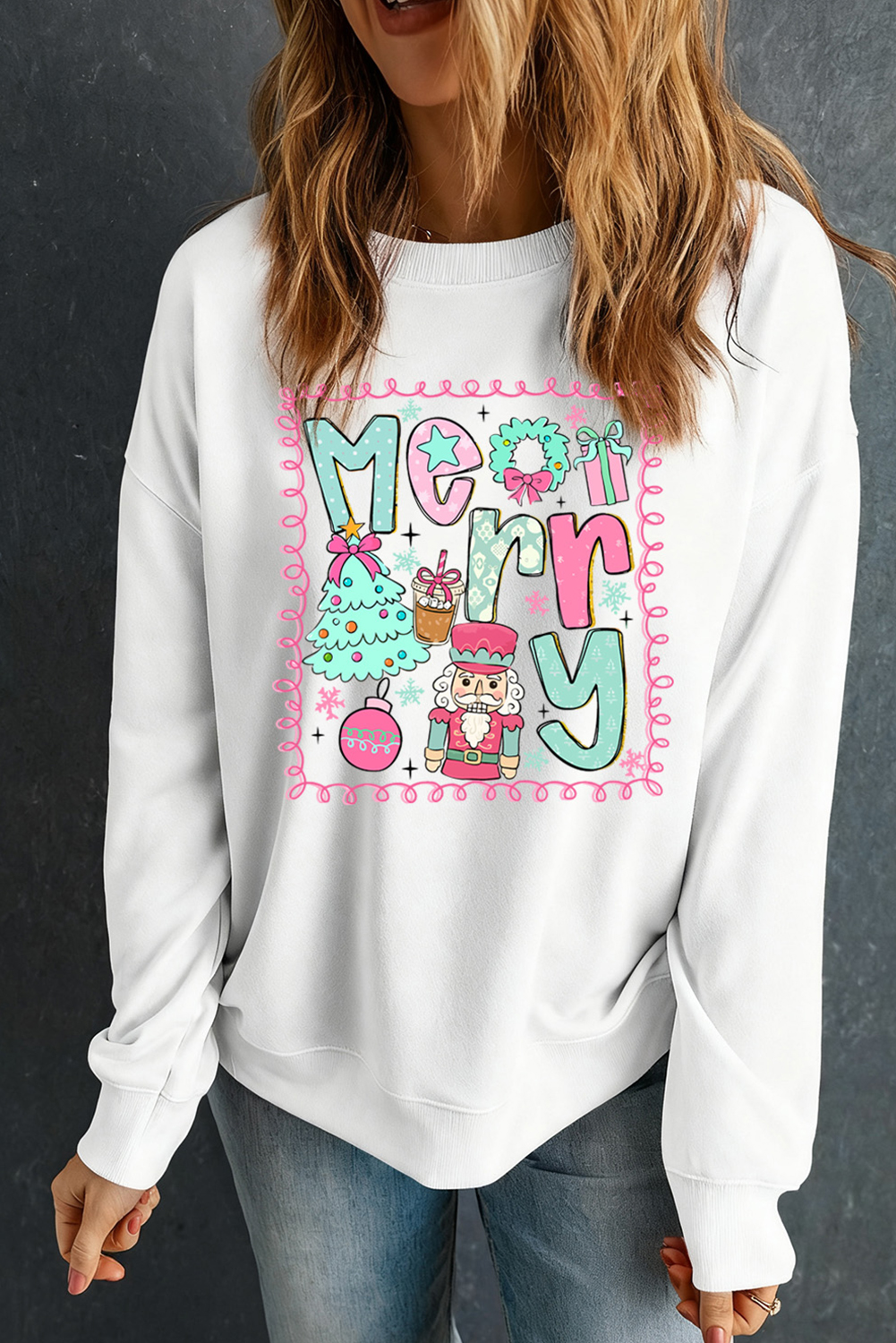 White Merry Christmas Fashion Print Cotton Blend Sweatshirt