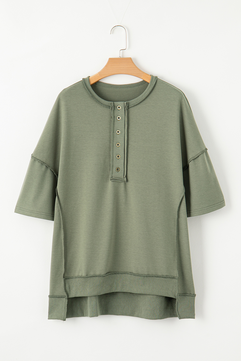 Jungle Green Exposed Seam Button Neck Wide Sleeve Tunic Top