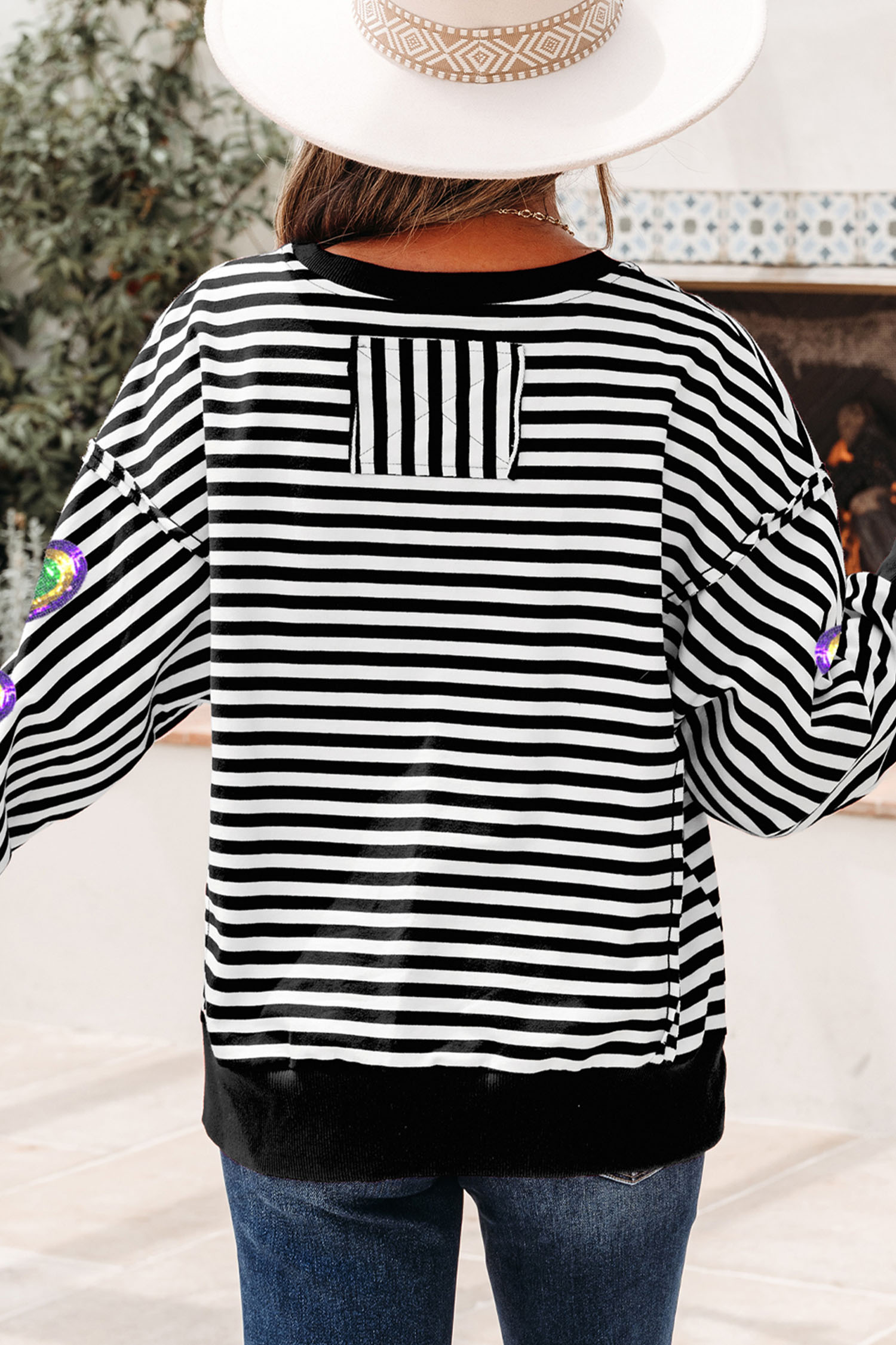 Black Stripe Raw Seam Detail Sequin Mardi Gras Heart Patched Graphic Long Sleeve Top