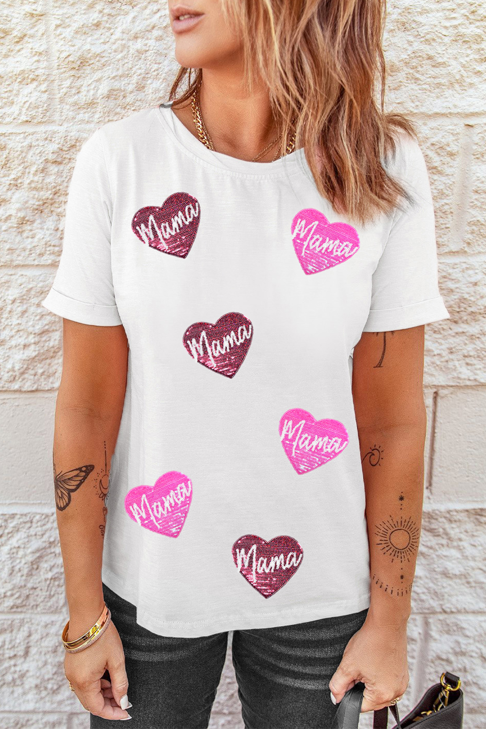 White mama Heart Shape Sequin Patched Crew Neck T Shirt