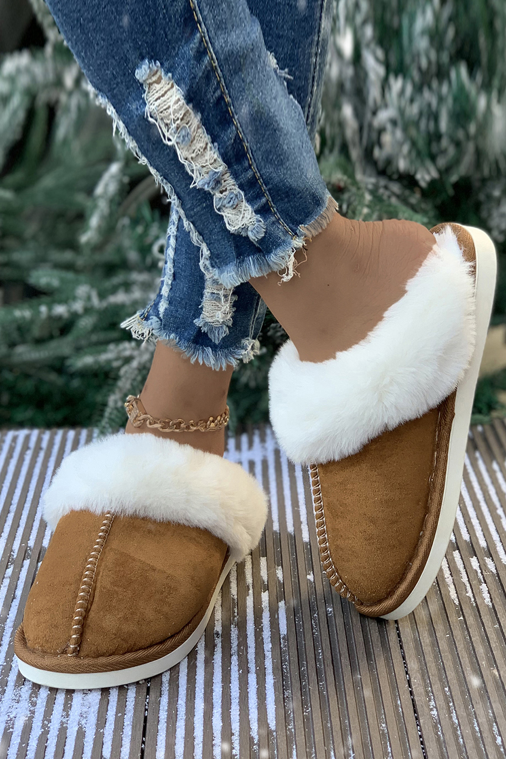Khaki Cut and Sew Faux Suede Plush Lined Slippers