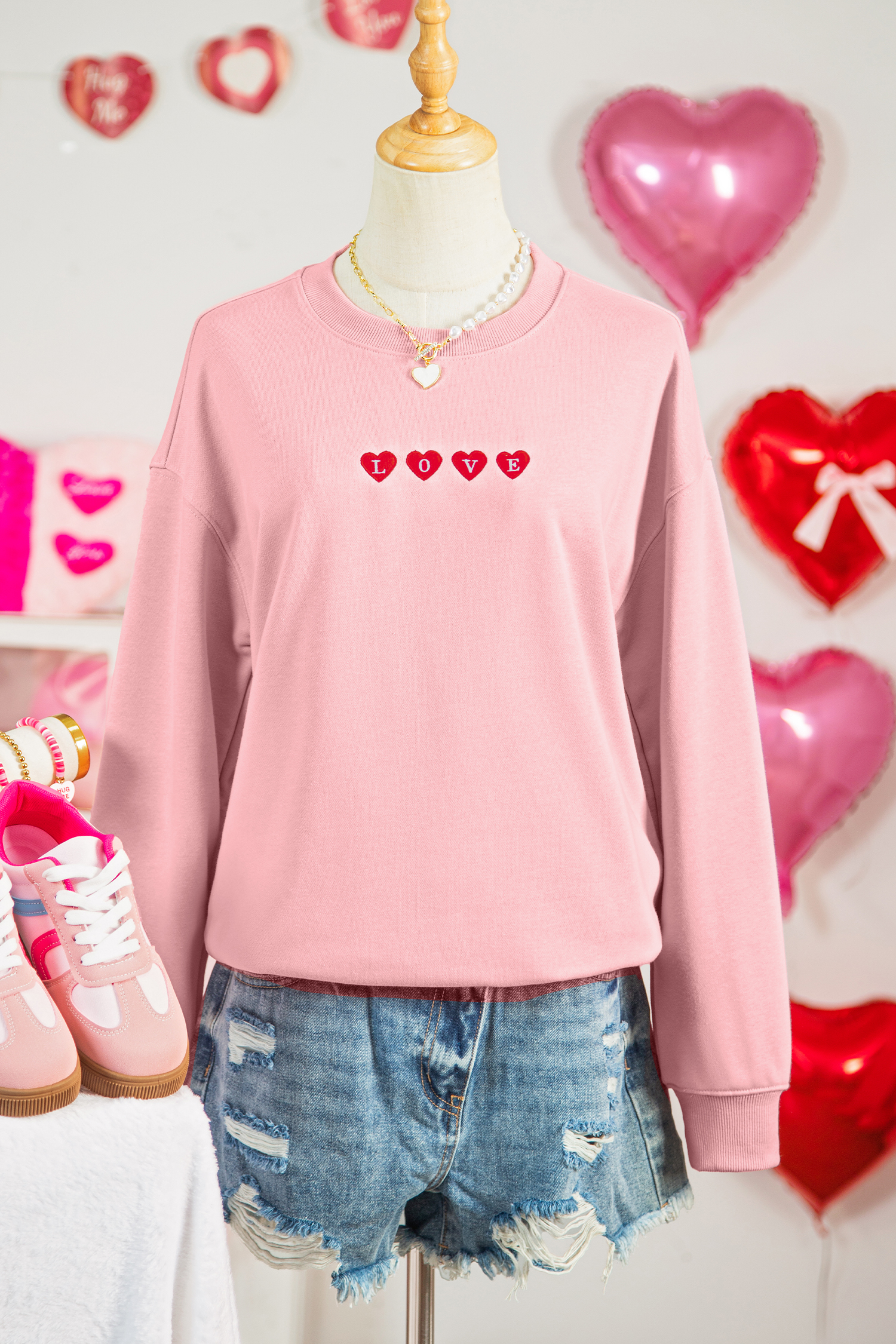 Pink LOVE In Hearts Embroidered Graphic Sweatshirt