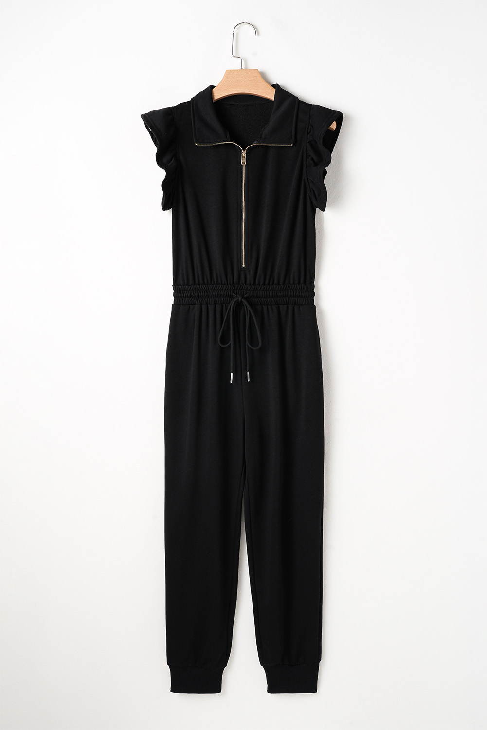 Black Zipper Flutter Sleeve Drawstring Elastic Waistband Jumpsuit