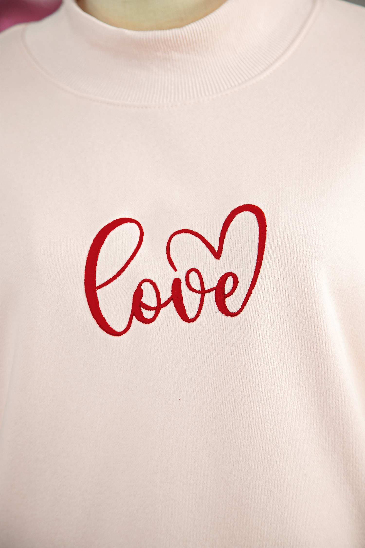 Apricot Pink Mock Neck Love Letter Embroidered Valentines Day Sweatshirt