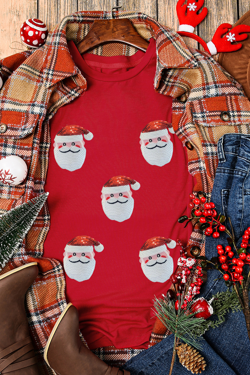 Black Faux Sequin Christmas Claus Pattern Crewneck T Shirt