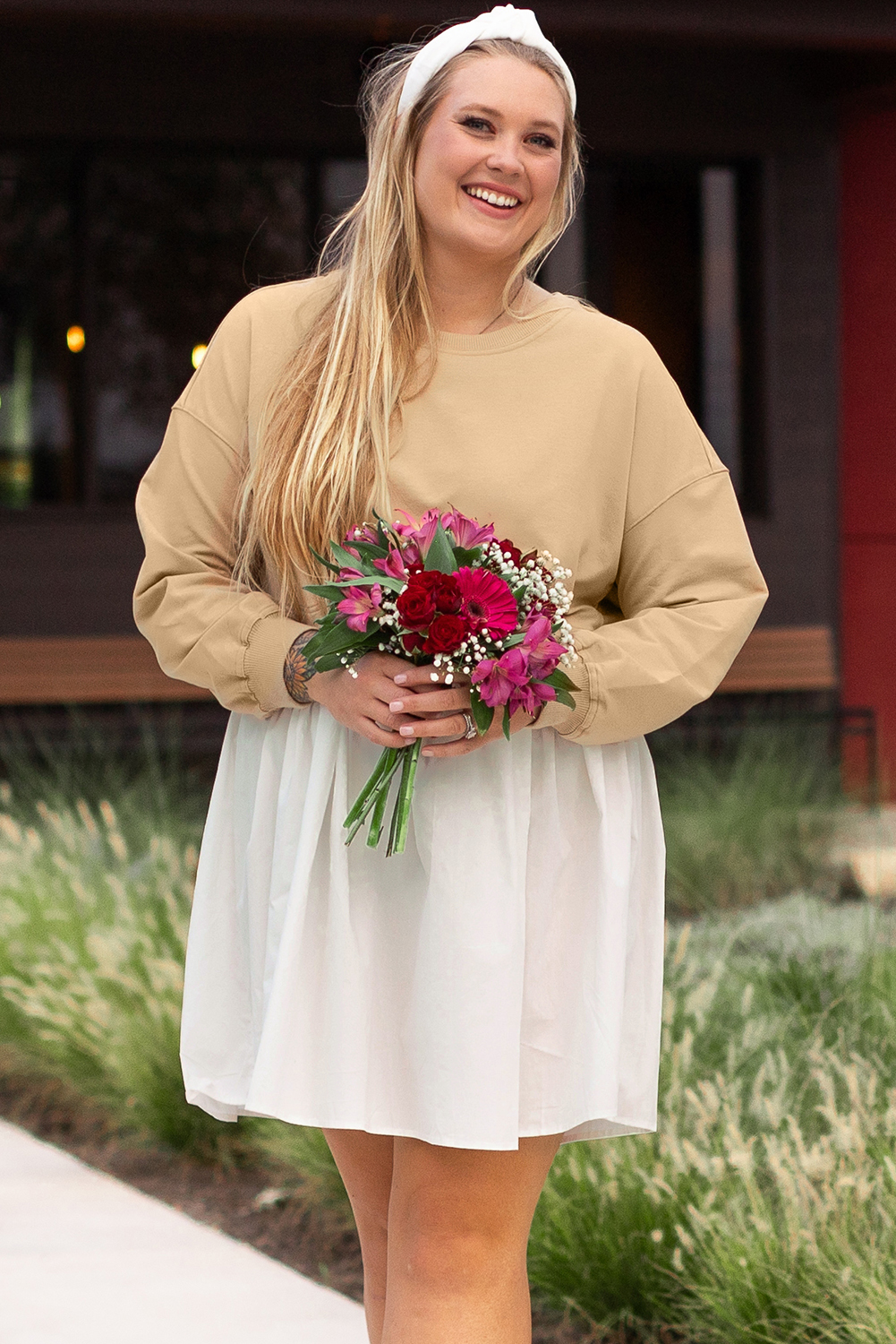 Pale Khaki Sweatshirt Poplin Mini Dress
