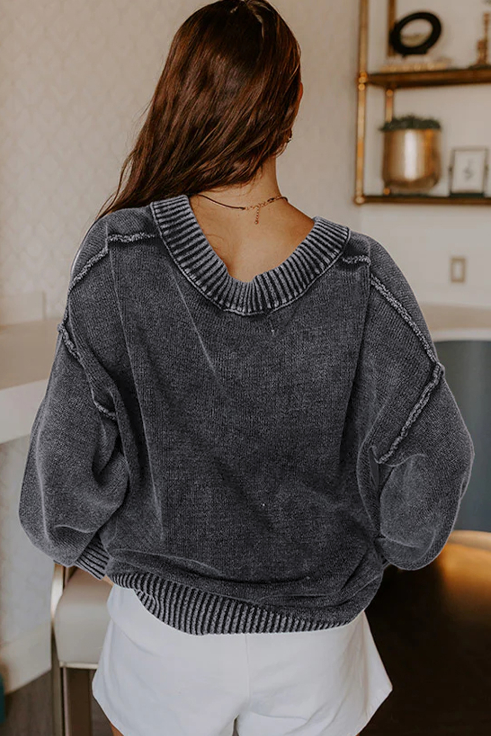Four Leaf Clover Mineral Wash V Neck Knit Exposed Seam Drop Shoulder Loose Sweater