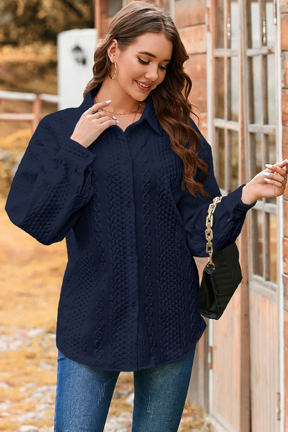 Sepia Rose Cable Texture Puff Sleeve Loose Shacket