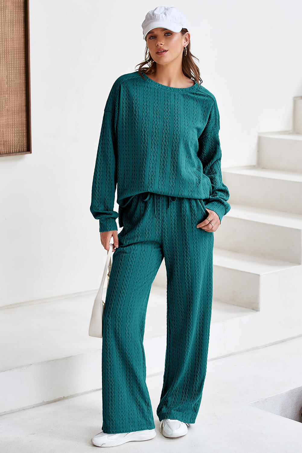 Smoke Green Textured Round Neck Sweatshirt & Loose Drawstring High Waist Pant Set