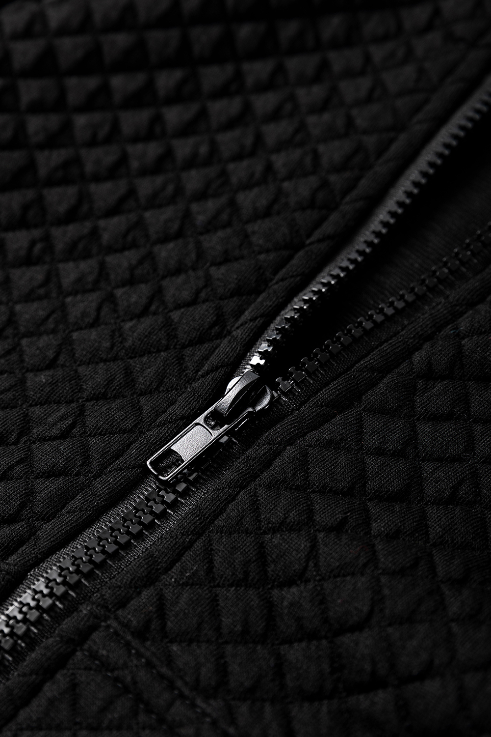 Black Quilted Side Pockets Zipper Hooded Jacket