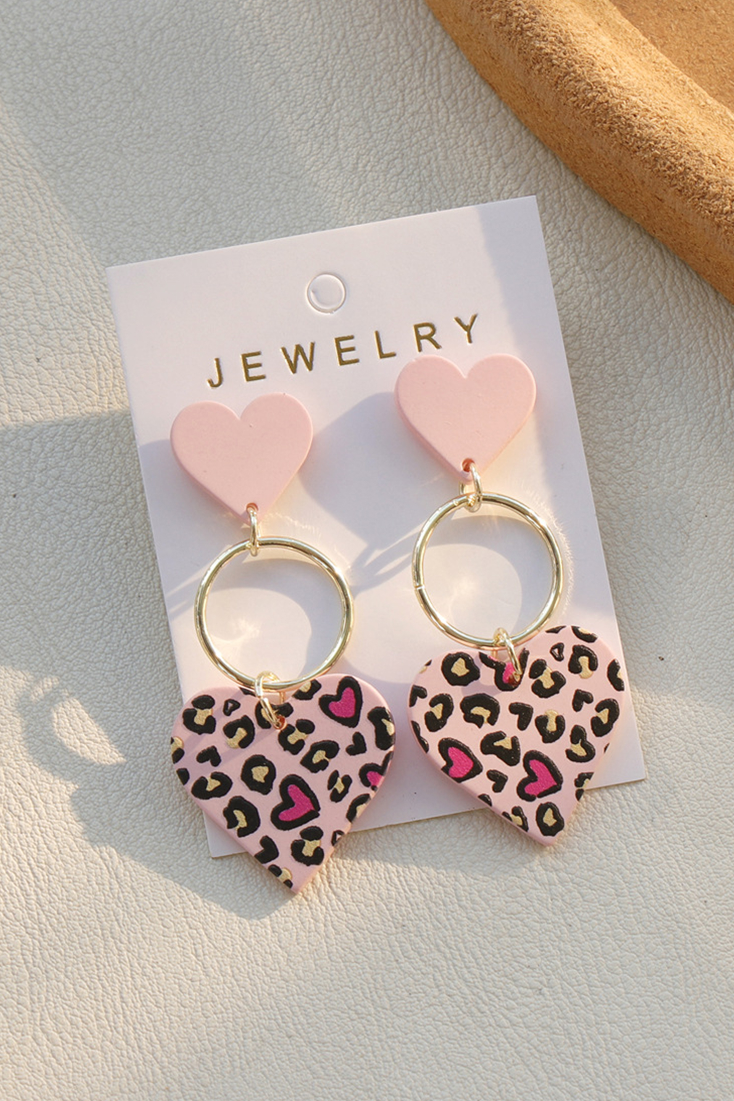 Pink Leopard Double Heart Golden Hoop Dangle Earrings