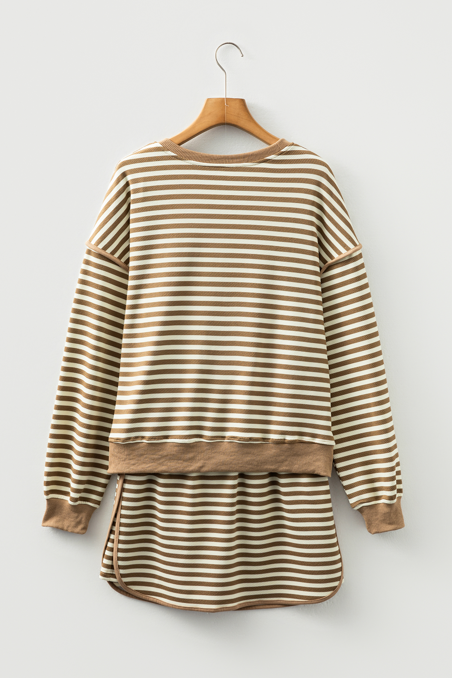 Black Stripe Textured Drop Shoulder Pullover Top Drawstring Mini Skort Two Piece Dress Set