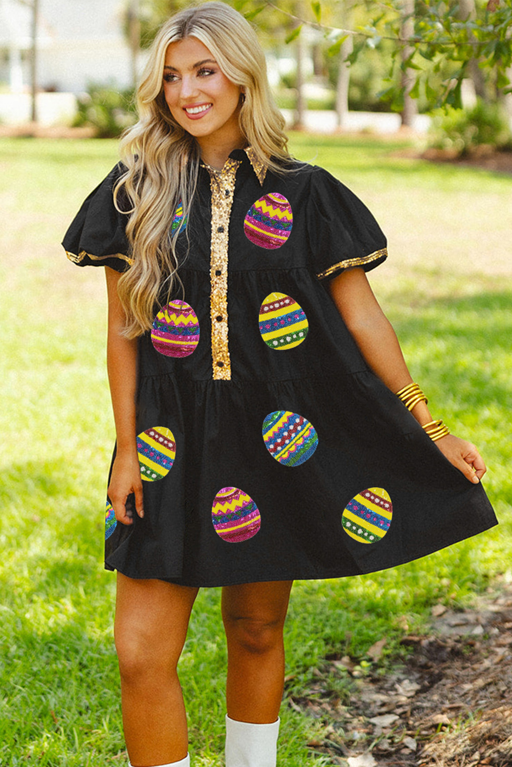 Black Sequin Trim Bubble Sleeve Game Day Shirt Dress