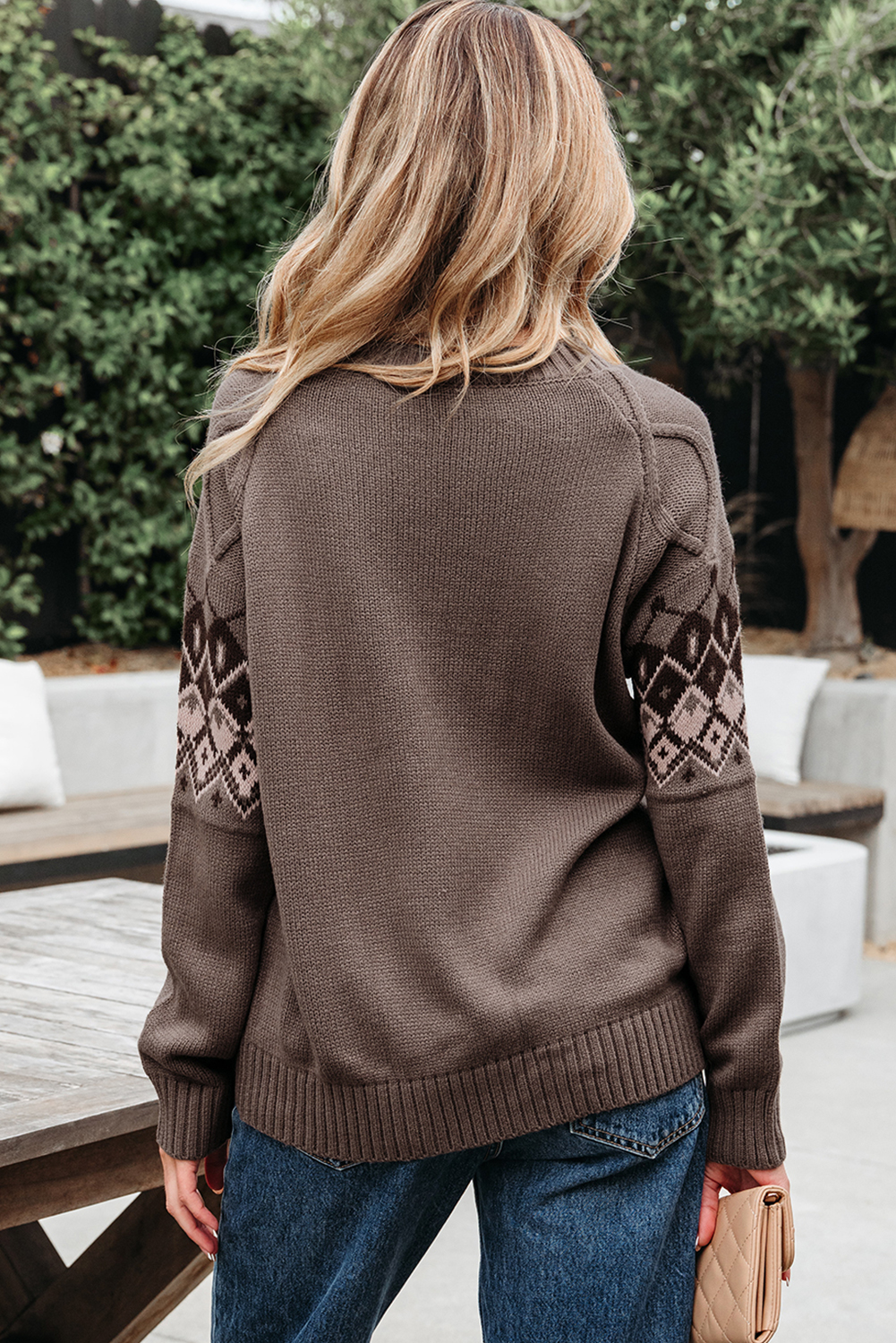 Light French Beige Western Geometric Patterned Crew Neck Knitted Sweater