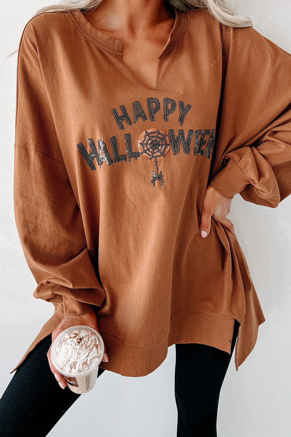 Medium Grey Sequin Happy Halloween Graphic Notched Neck Long Sleeve Loose Top
