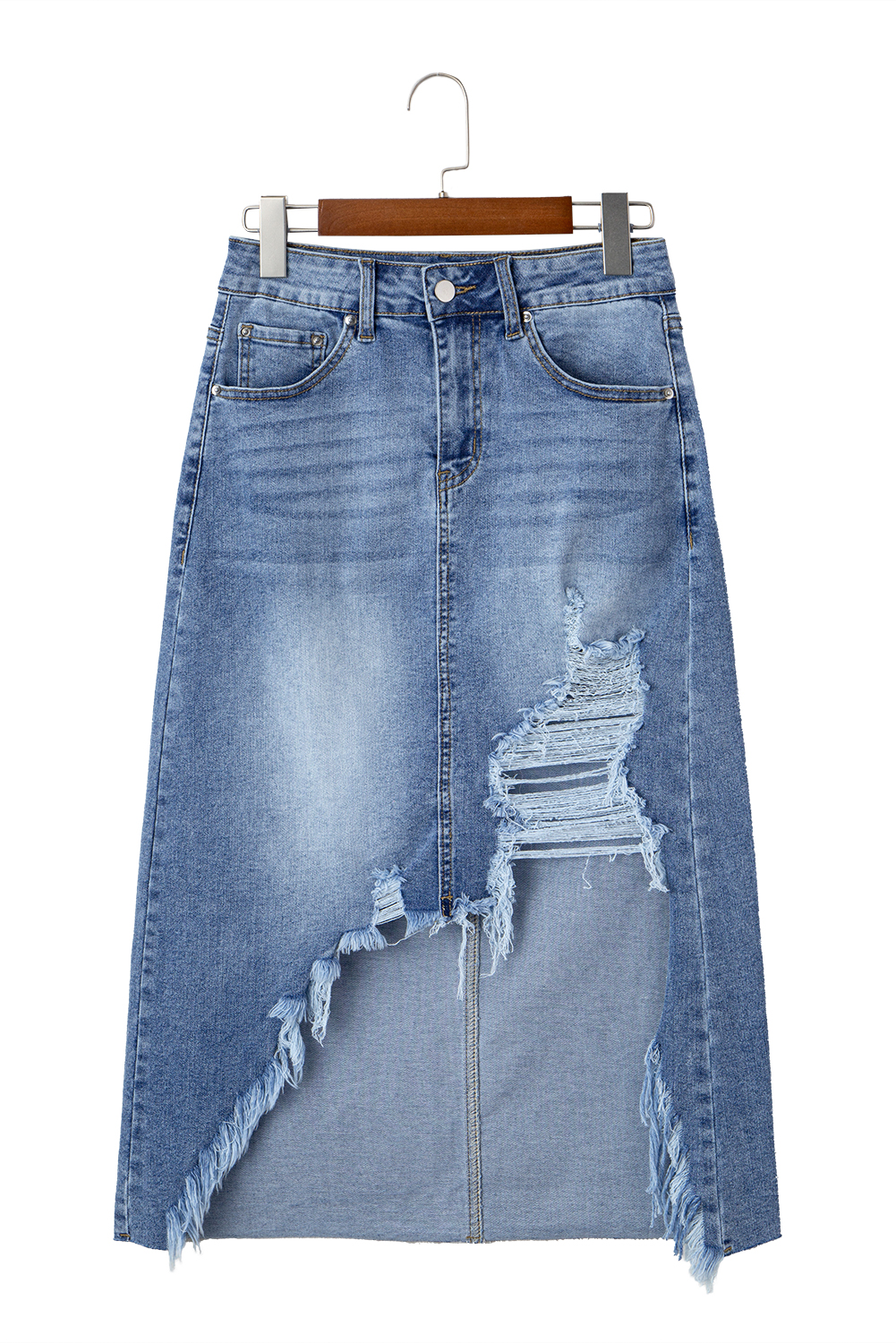 Sail Blue Dearlove Irregular Distressed Bottom Denim Midi Skirt
