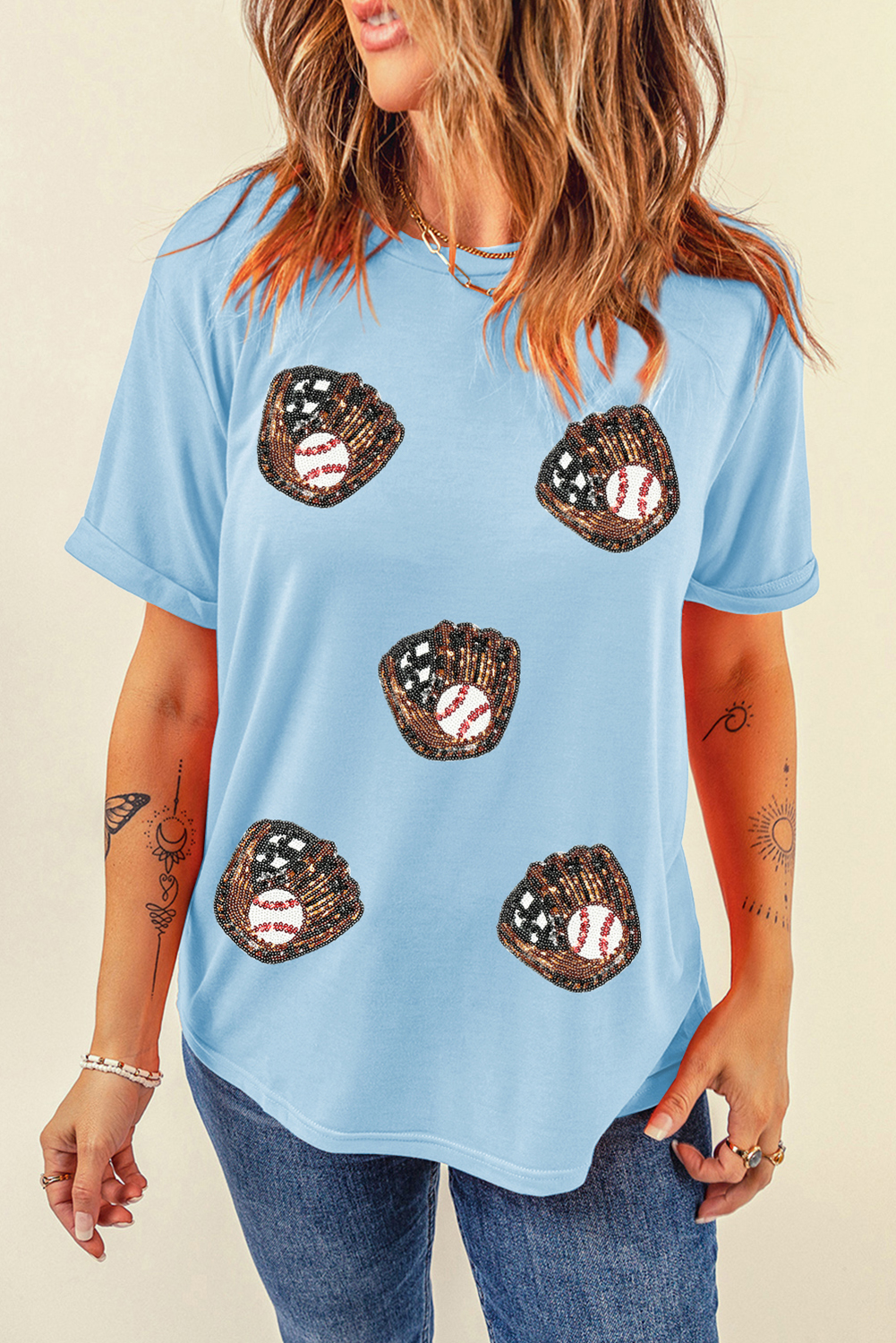 Light Blue Gopher Ball Sequin Patched Casual T Shirt