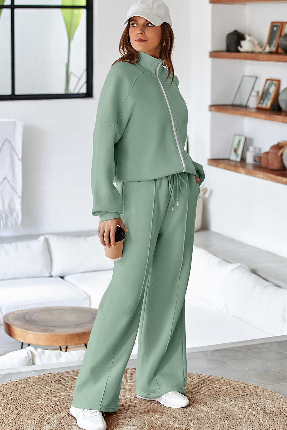 Navy Blue Drop Shoulder Zip Up Jacket Drawstring Pants Active 2pcs Set