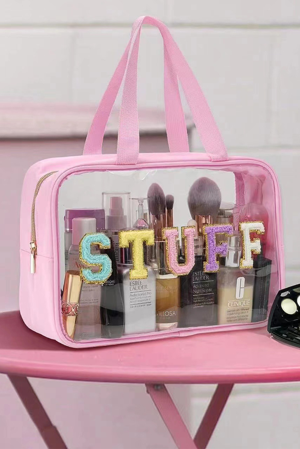 Light Pink TRAVEL Chenille Letter Clear PVC Makeup Bag