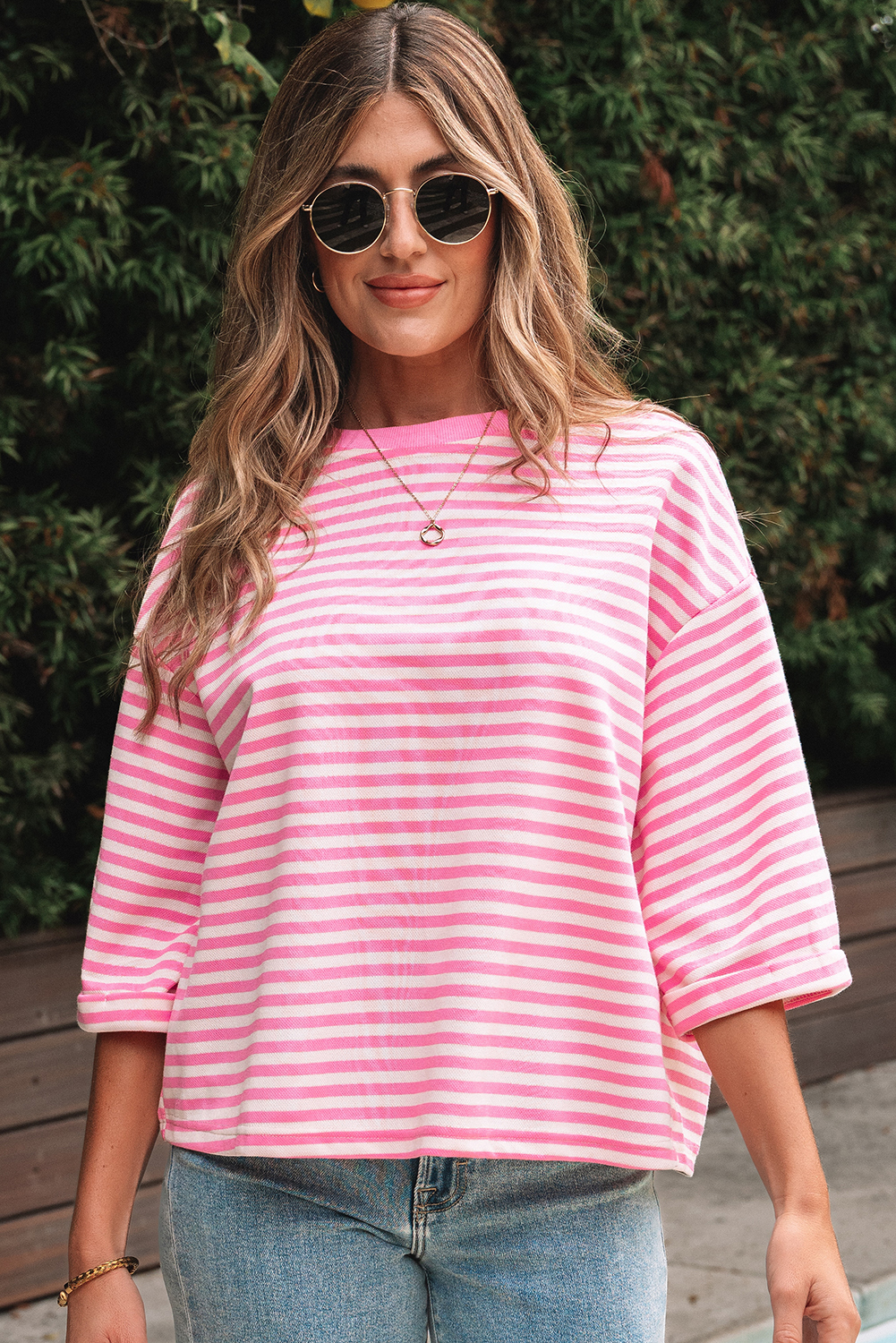 Red Stripe Bowknot Cutout Back Drop Shoulder Wide Bracelet Sleeve Loose Tee