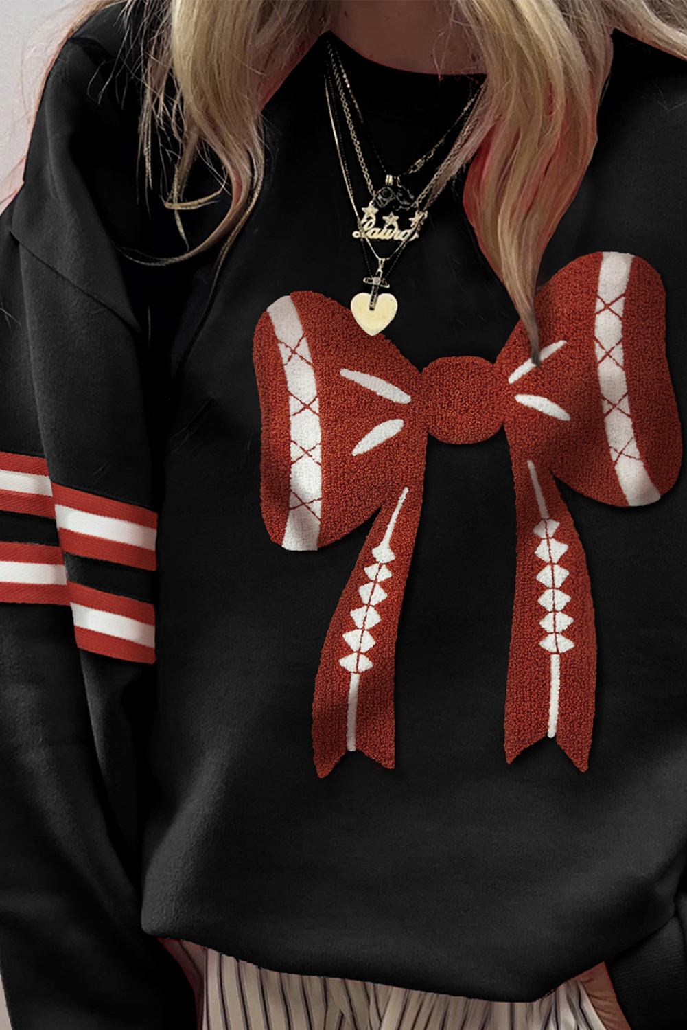 Black Varsity Baseball Bow Graphic Striped Sleeve Baggy Sweatshirt