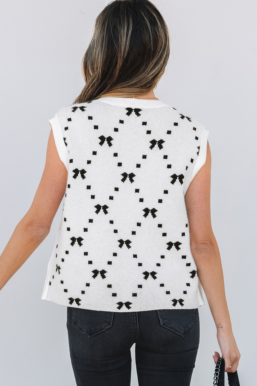 Black Preppy Vibes Bow Print Zipped Collar Sweater Tee