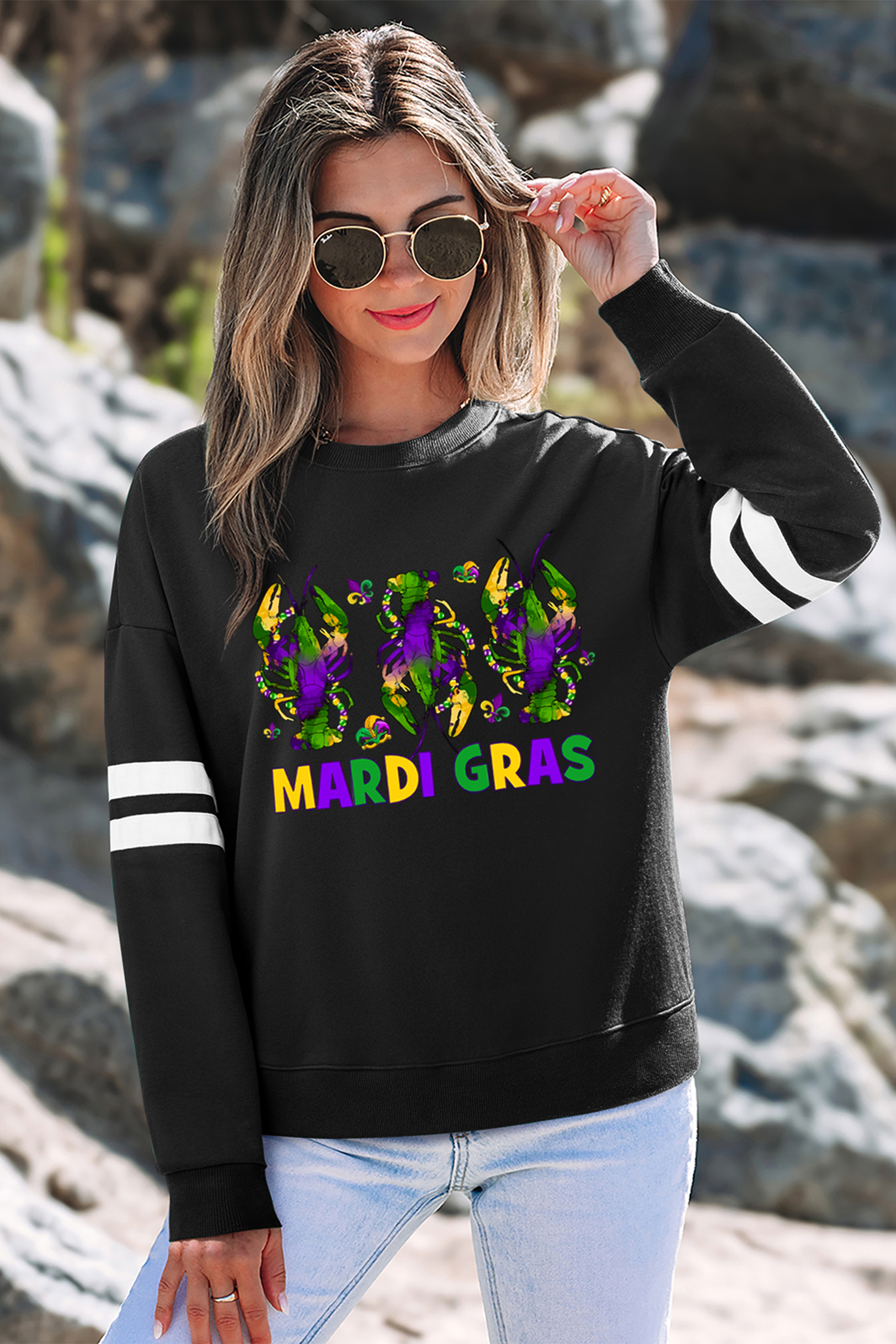 Black Sequin Mardi Crown Dropped Shoulder Varsity Sweatshirt