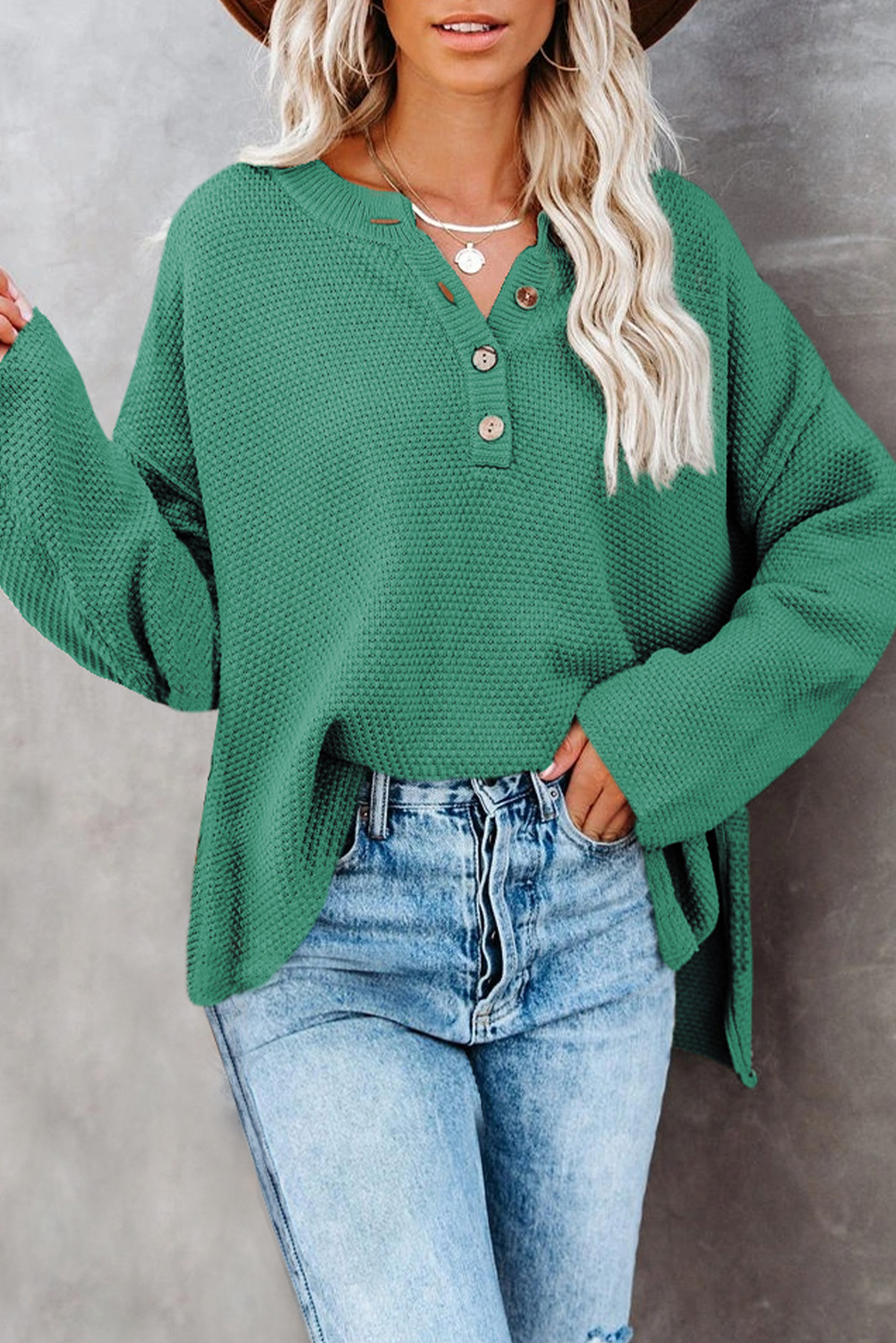 Green Henley Pullover Drop Shoulder Sweater with Slits