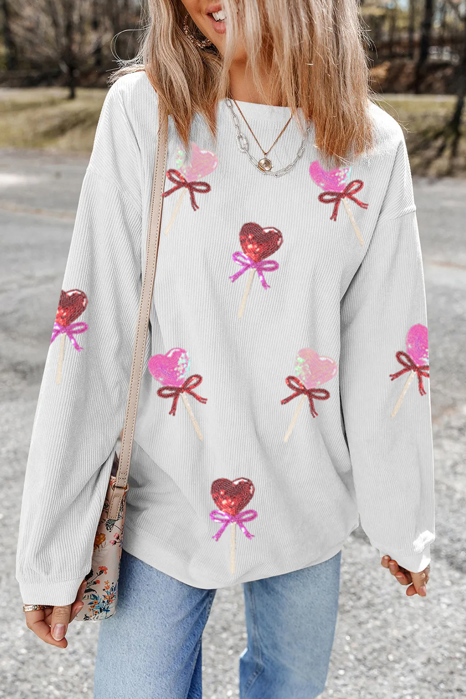 White Heart Lollipop Sequin Pattern Valentine Sweatshirt