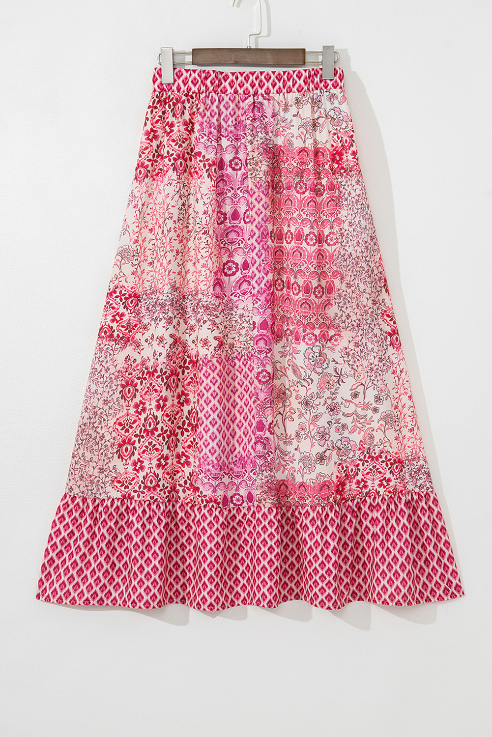 Red Boho Pattern Print Tassel Drawstring Elastic Waistband Maxi Skirt
