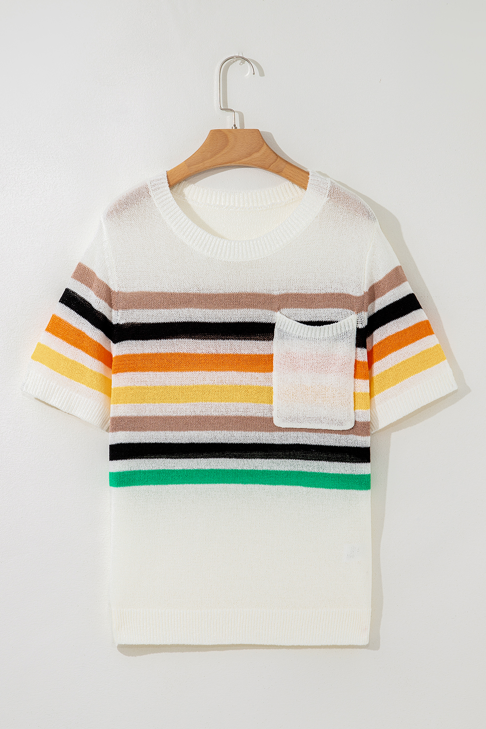 White Striped Pocketed Loose Fit Crewneck Knitted T Shirt
