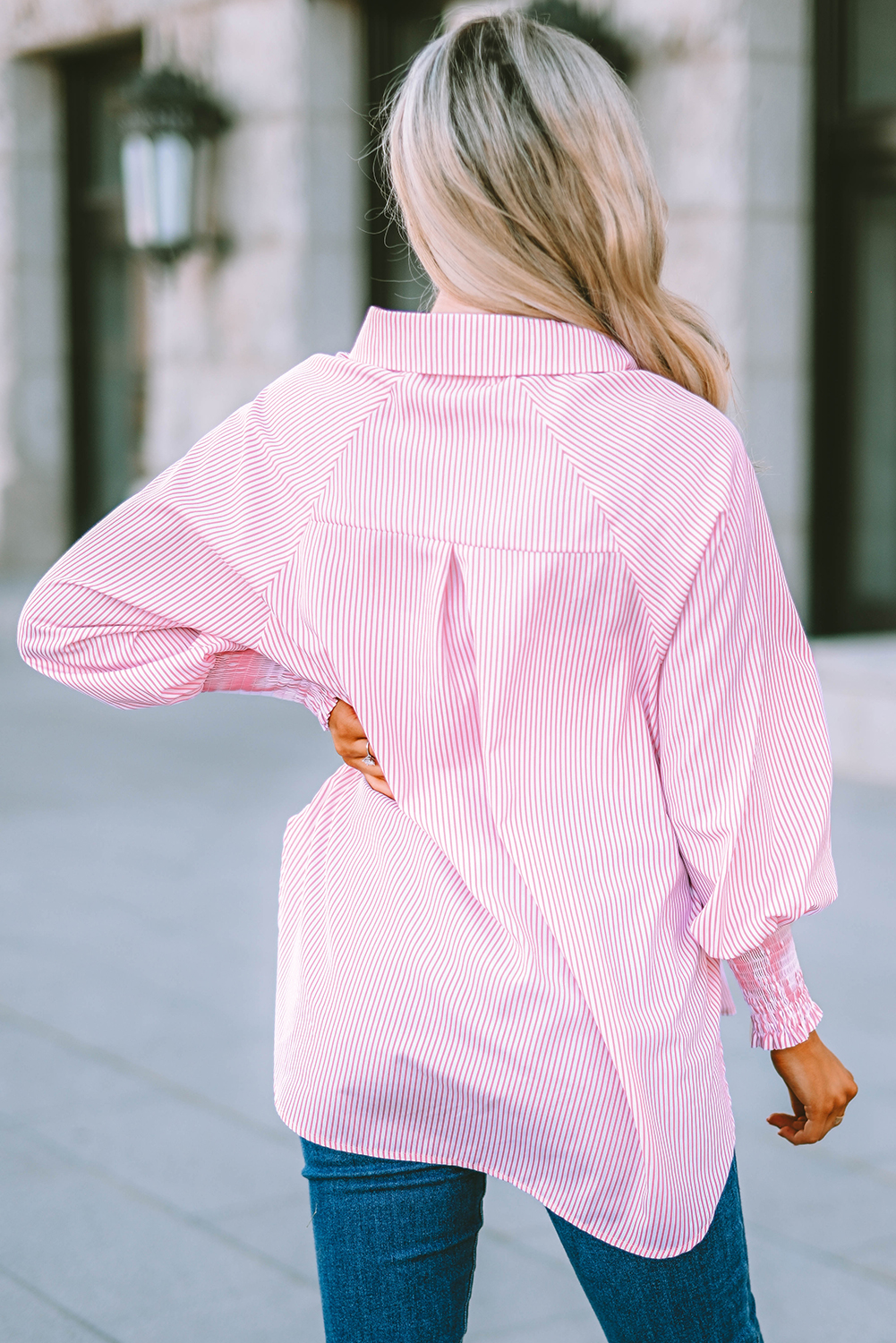Red Stripe Smocked Cuffed Striped Boyfriend Shirt with Pocket