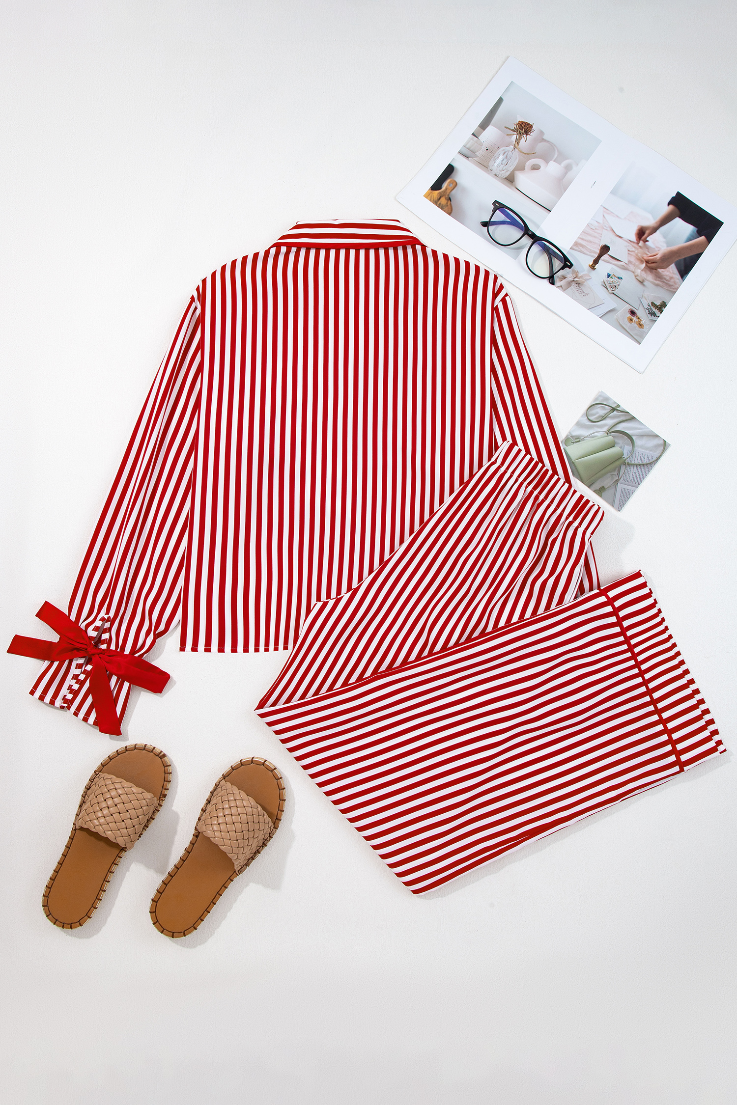 Red Stripe Contrast Velvet Trim Bow Knot Waist 2pcs Pajama Set