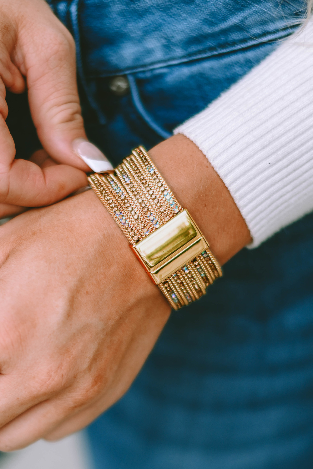 Gold Full Diamond Leather Wide Plated Magnetic Buckle Bracelet