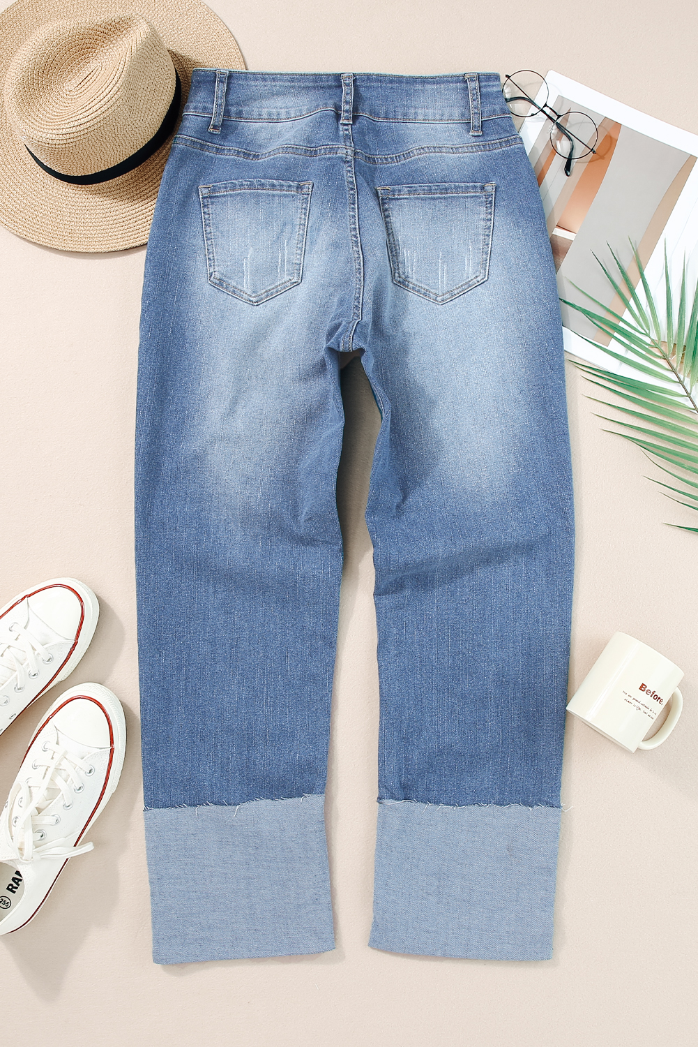 High Waist Distressed Straight Leg Jeans