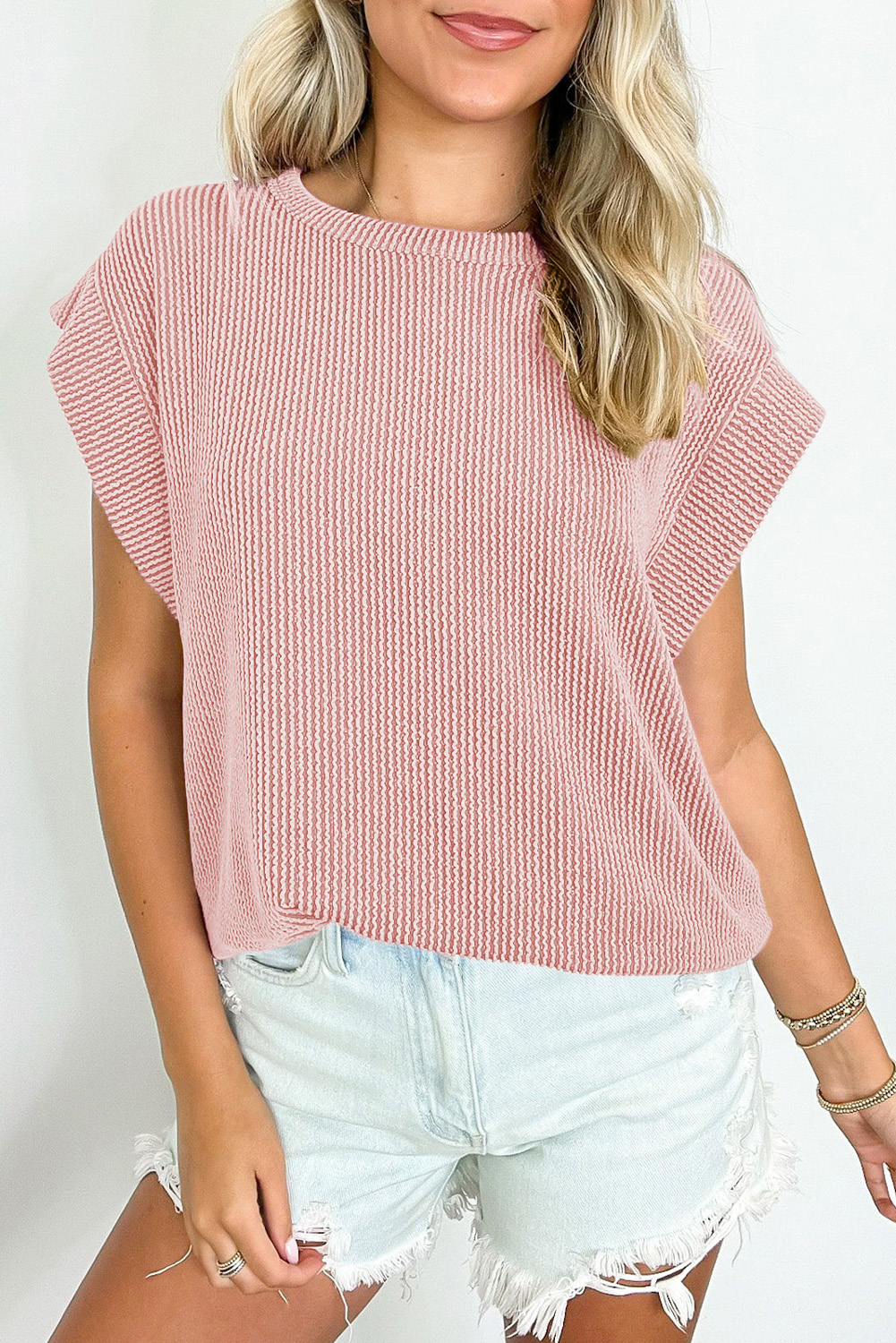 Gray Twisted Rib Wide Sleeve Crew Neck T Shirt
