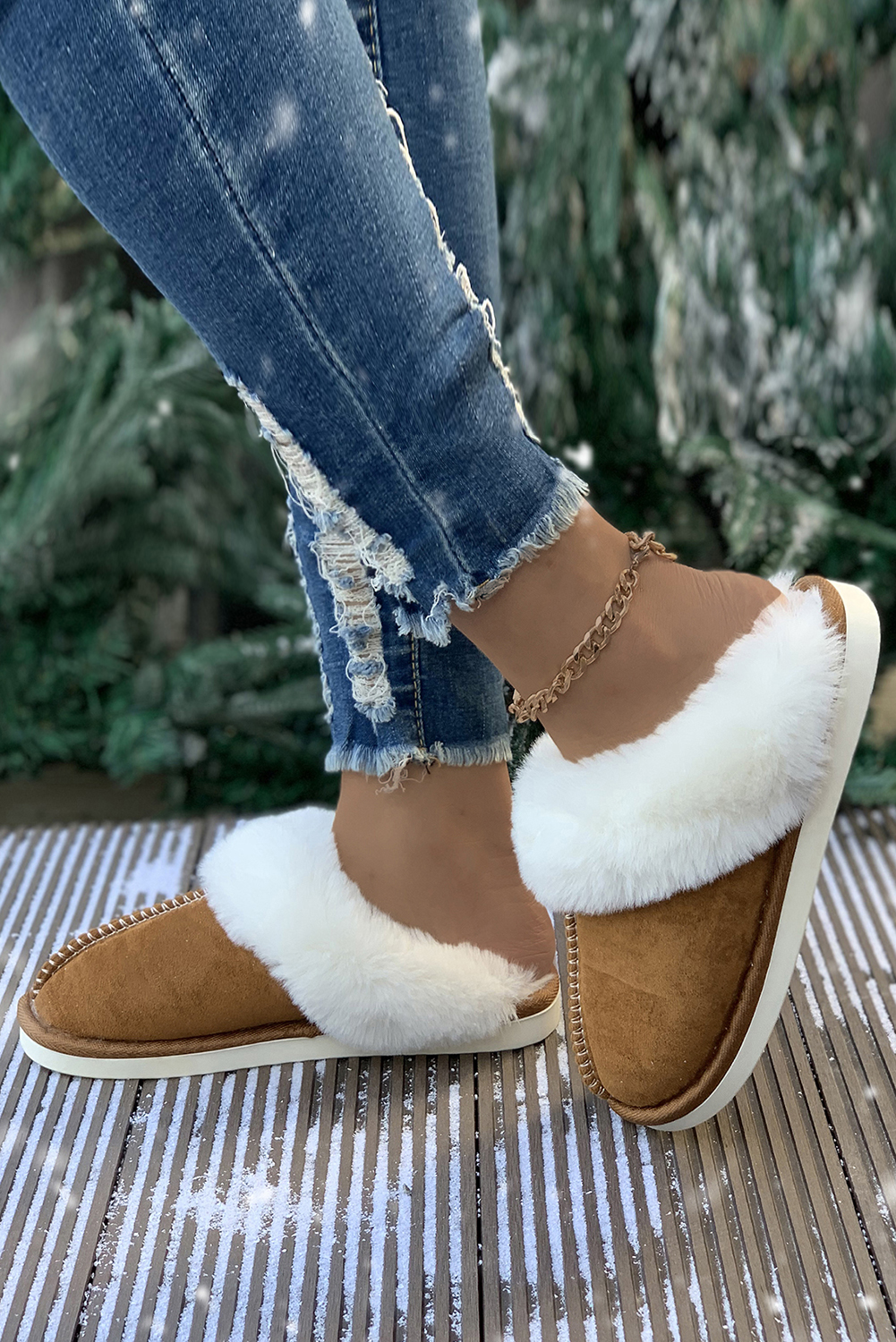 Khaki Cut and Sew Faux Suede Plush Lined Slippers