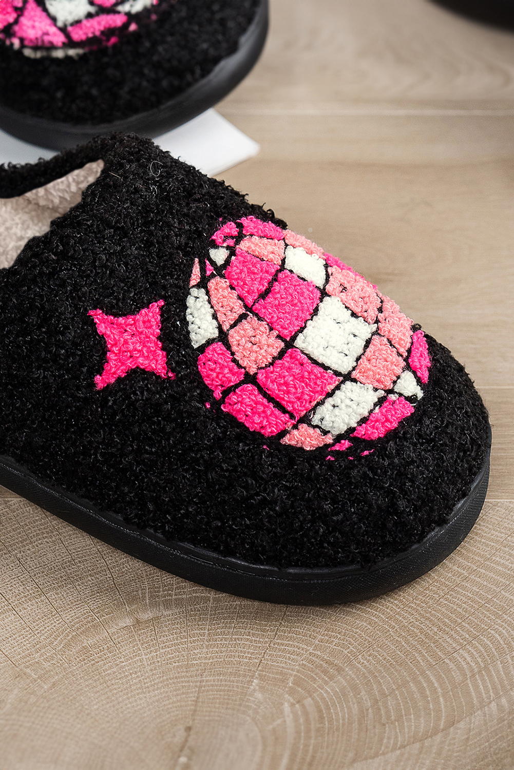 Black Disco Ball Print Fuzzy Winter House Slippers