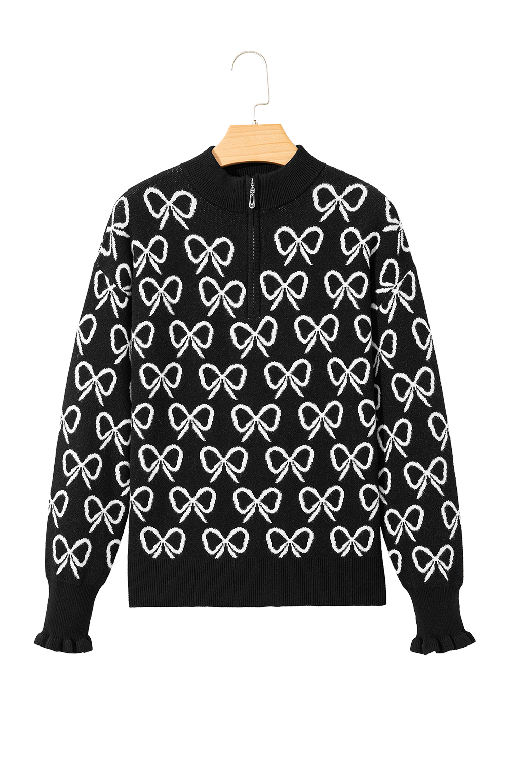 Black Cute Bow Pattern Drop Shoulder Zipped Collar Sweater