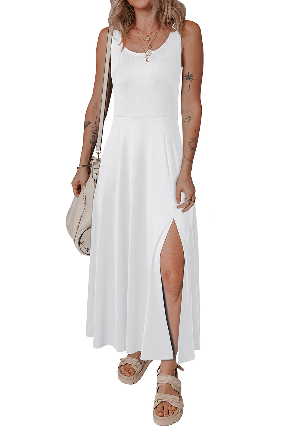 Black Sleeveless Scoop Neck Flared Split Midi Dress