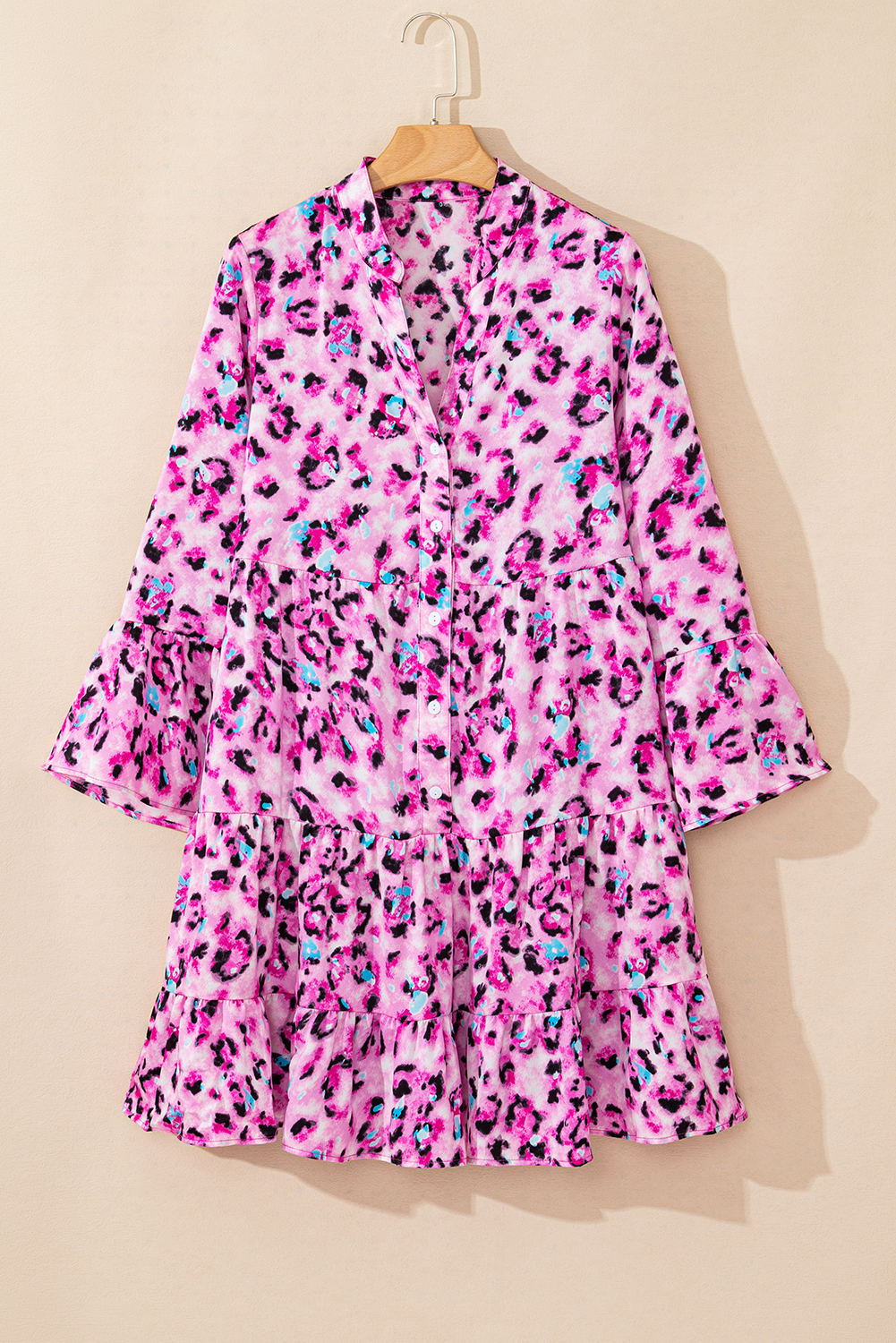 Khaki Leopard Print Buttoned Front 3/4 Sleeve Tiered Ruffled Hem Dress