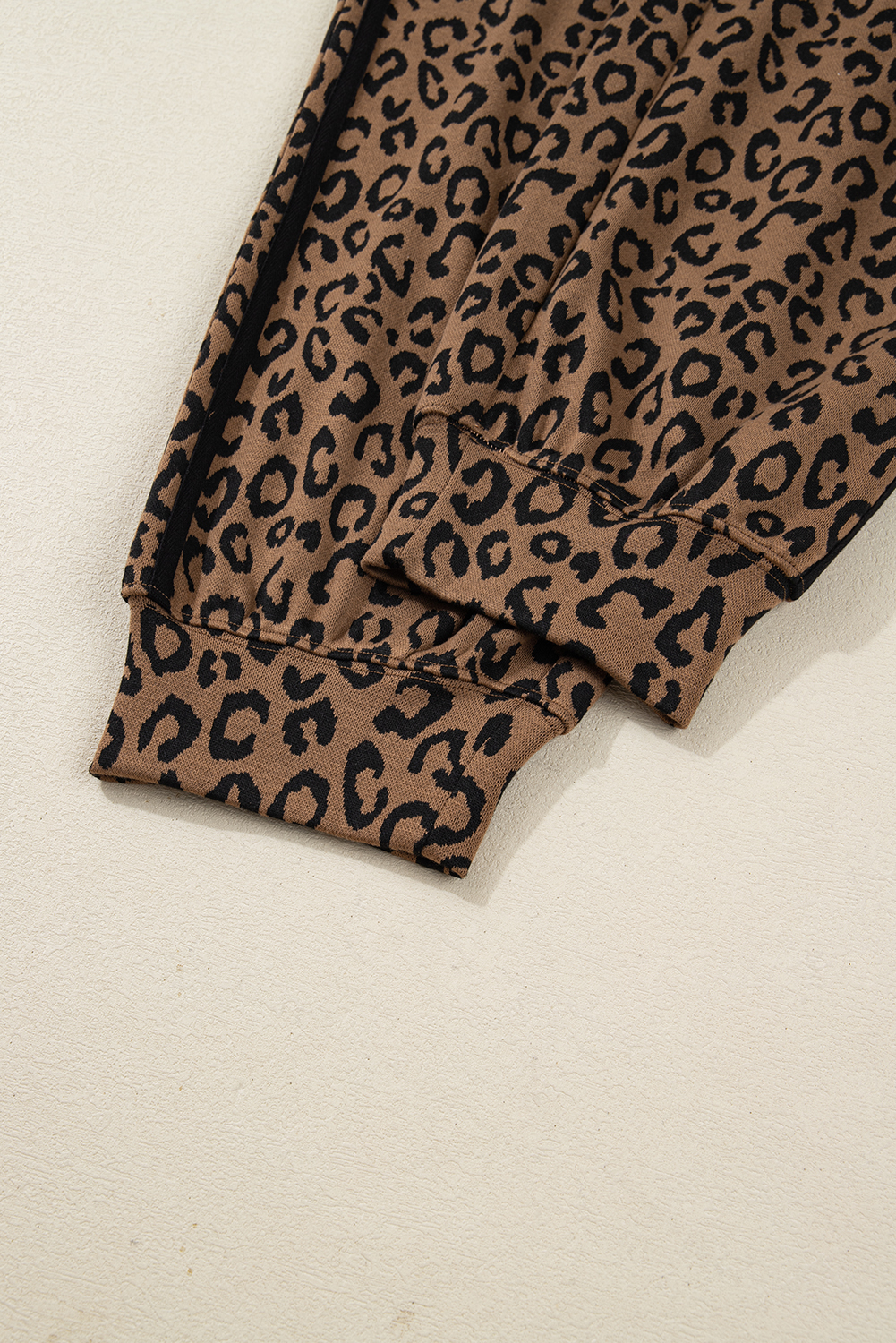 Brown Varsity Striped Trim Leopard Long Sleeve Top Drawstring Pant Set