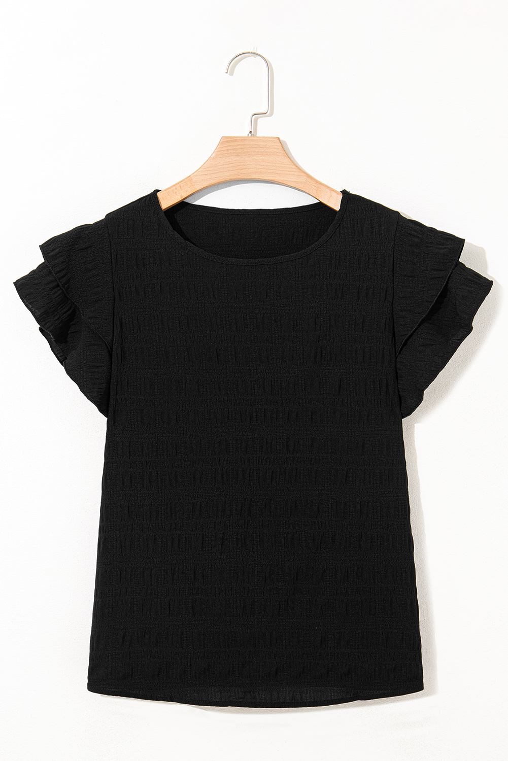 Dark Green Textured Ruffled Sleeve Round Neck Top
